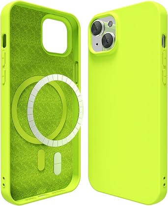 oakxco Silicone Case for iPhone 15 Plus/ 14 Plus Case Magnetic, Compatible with Magsafe Wireless Charging, Slim Thin Soft Rubber, Girly Cute Bright Hard Mag Safe Cover, Fluorescent Neon Green Lime