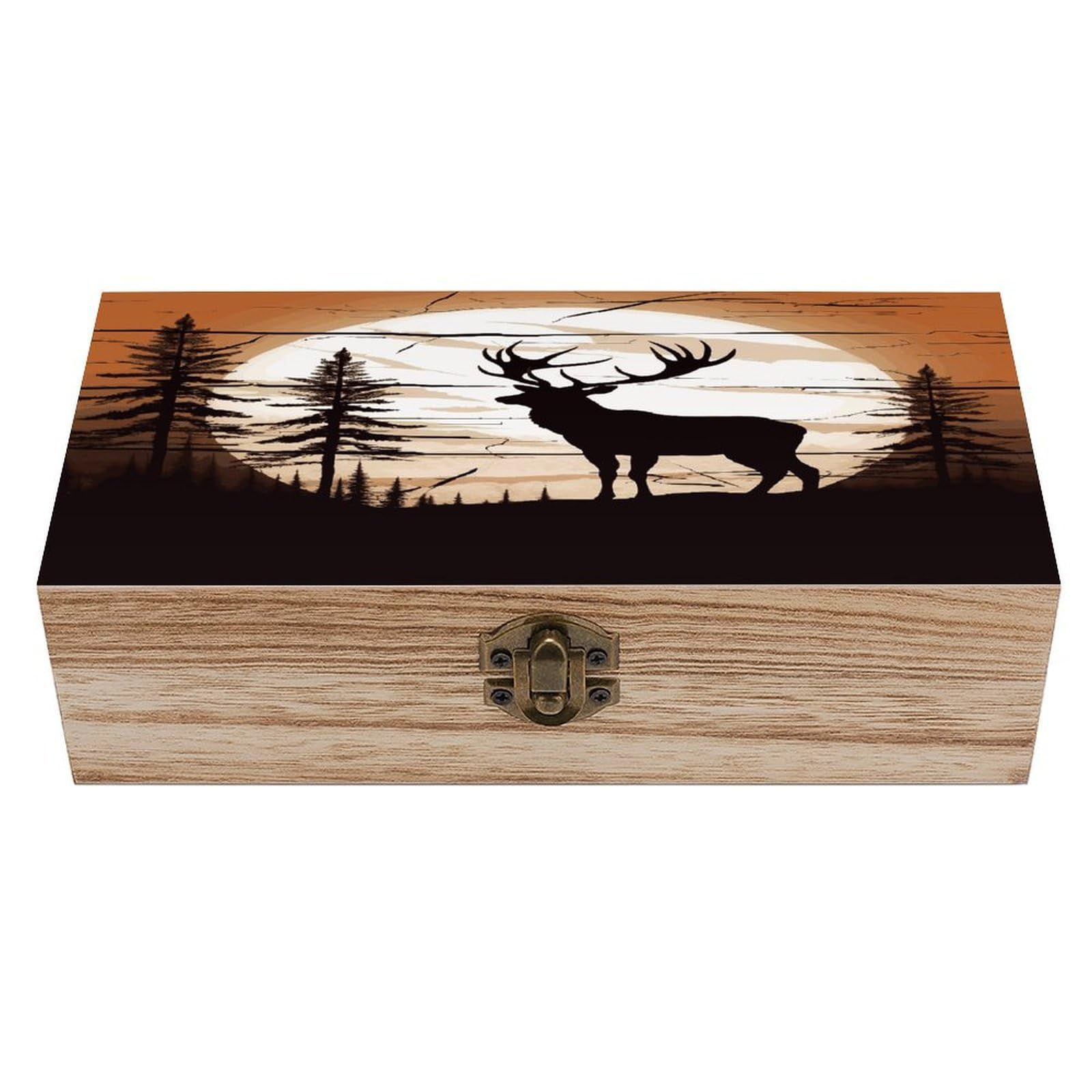VstaDank Wild Elk Silhouette Wooden Storage Box Wooden Keepsake Box with A Hinged Lid Fashion Memory Treasure Boxes Decorative Jewelry Case for Crafts Photo Home Decor Wood Gift Box