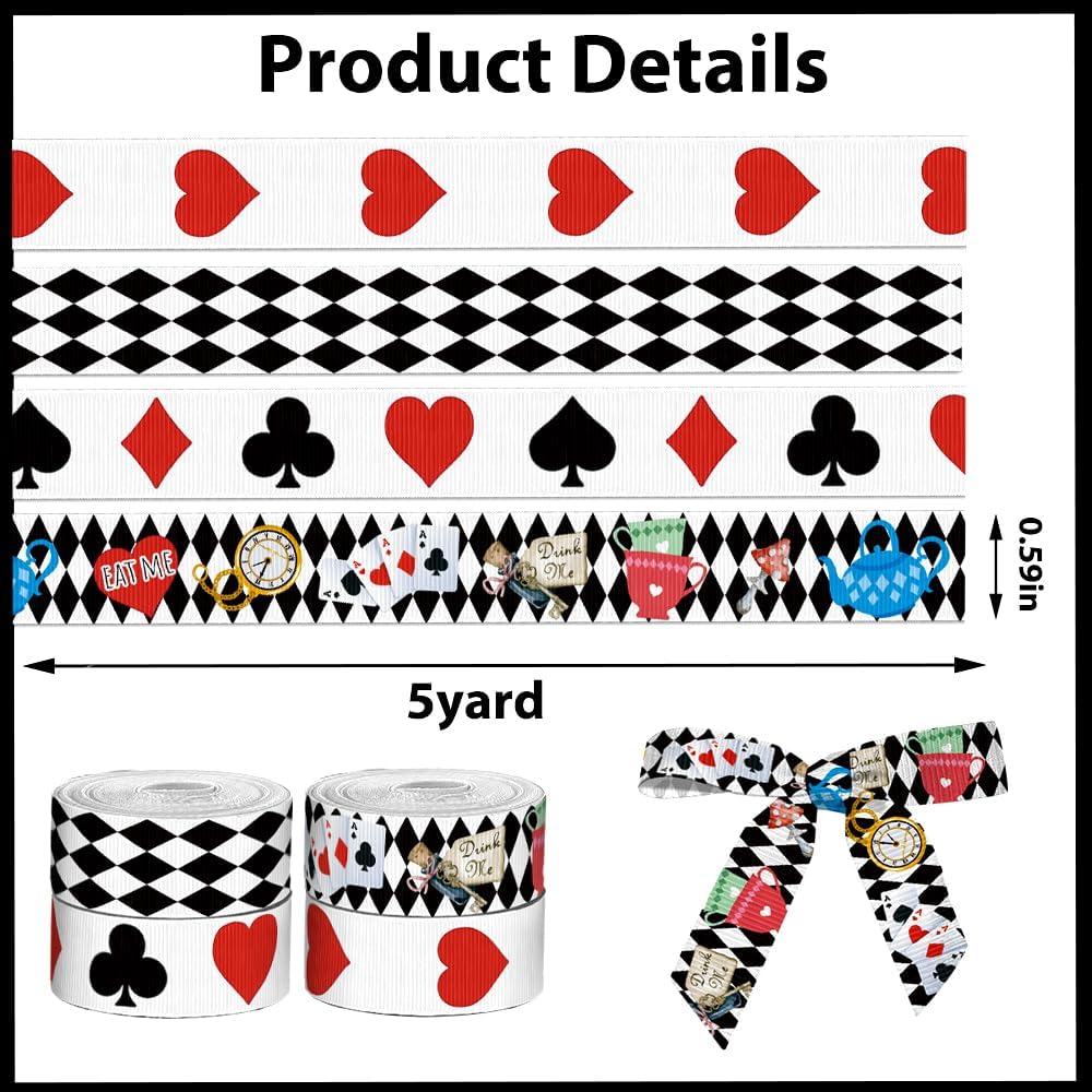 4 PCS 20 Yards 3/5" Hearts Block Ribbons Black White Grosgrain Ribbons Diamond Tea Party Ribbon Magic Fabric Ribbon for DIY Gift Support Decoration