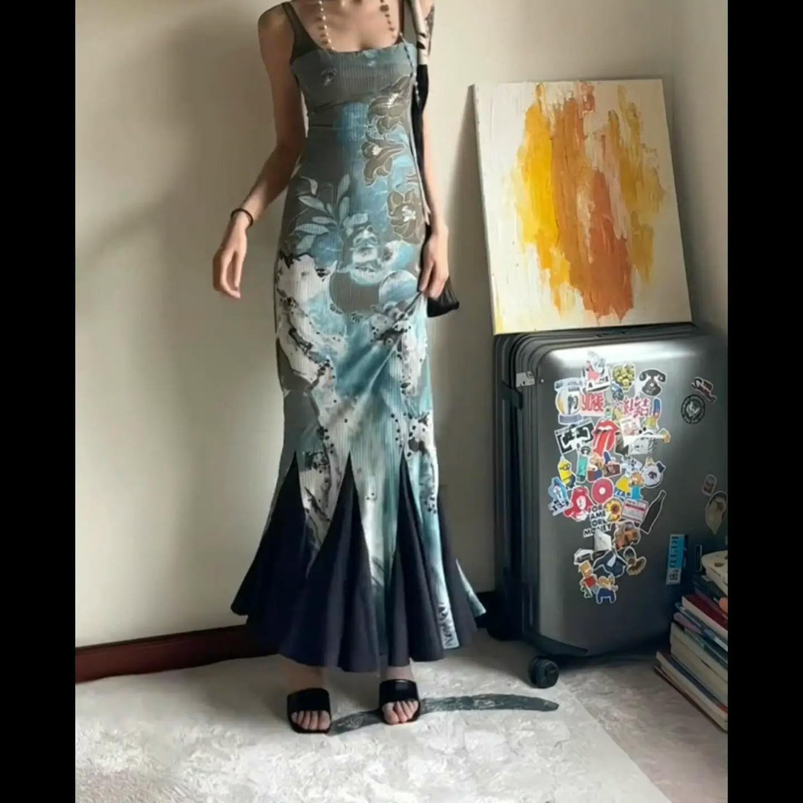 Vestito Donna Elegante Abito Tromba da Cinghie Abiti Senza Maniche Sexy Temperamento Estate Gonna lungo-grigio-4xl