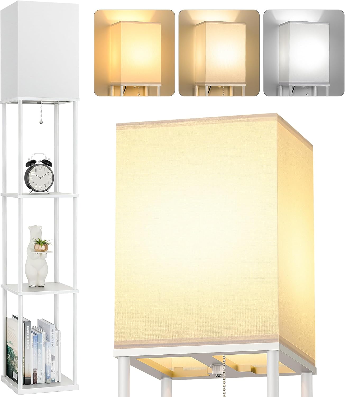 FOLKSMATE Floor Lamp with Shelves, 3-Tier Modern Square Bookshelf Floor Lamp, 3 Color Temperature Bulb Included, Floor Lamps for Living Room Bedroom Corner - White