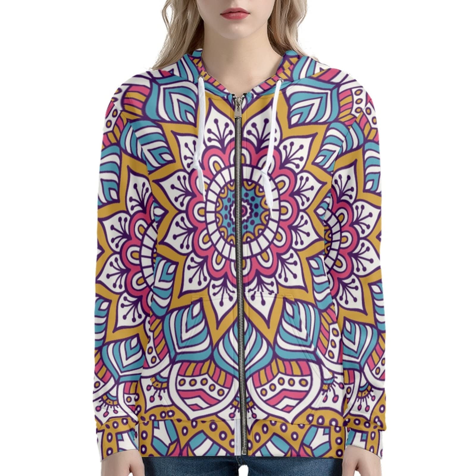 Felpa con cappuccio da donna con tasca, mandala, stampa leopardata, teschi oversize felpa con cappuccio a maniche lunghe S-Xxl, Fiore di mandala., XS