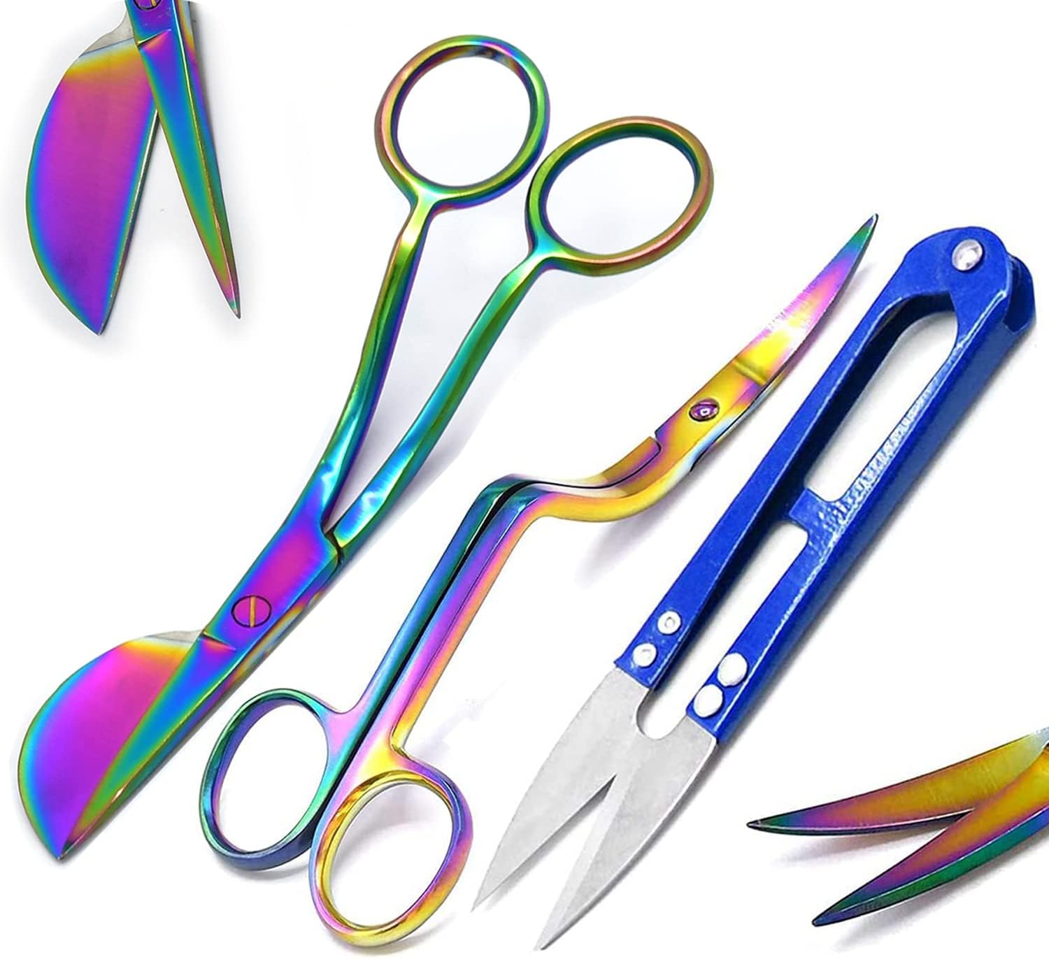 Set of 3 Multi Rainbow Color 6 Inch Stainless Steel Applique Duckbill Scissors Blade with Offset Handle & 6 Inch Machine Embroidery Double Curved Scissors Bundle With Thread Cutter Nipper Blue