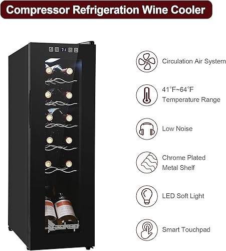 Miniatura 2 de Winado Refrigerador de vino con compresor de 12 botellas con temperatura ajustable, mini refrigerador de vino compacto independiente con control