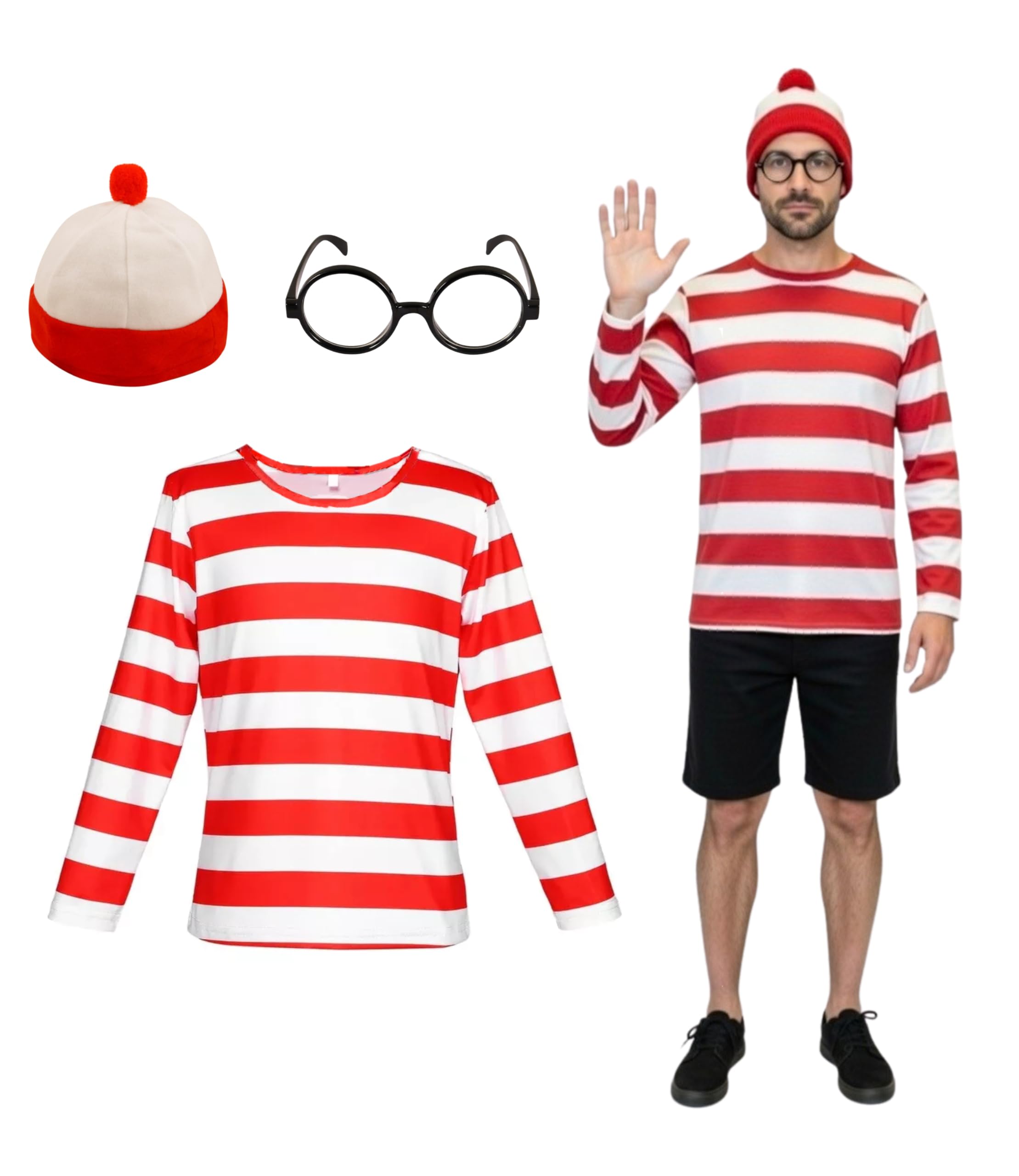SoWest Adult World Book Day Costume for Men - Red and White Outfit Set Including Striped T-Shirt, Bobble Hat, Round Glasses | Men's Book Week TV Show Character Fancy Dress - S