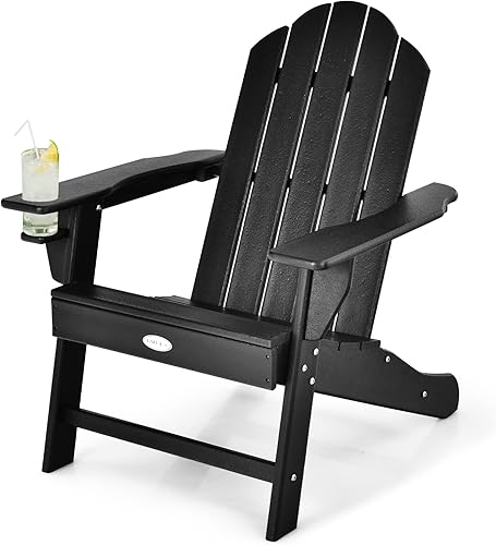 Tangkula Silla Adirondack para exteriores, sillones de polietileno de alta densidad resistentes a la decoloración con soporte para tazas, sillas