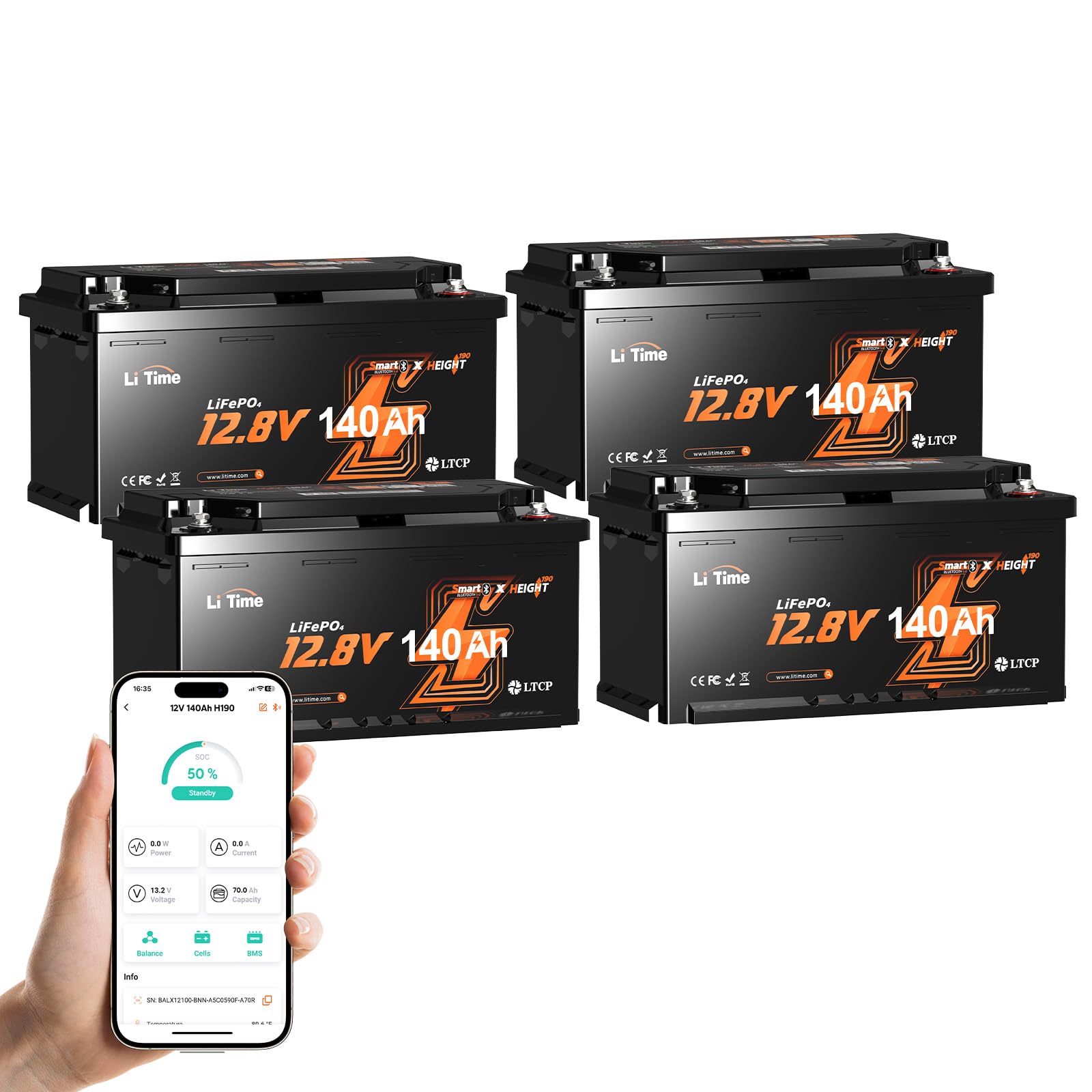 LiTime Batteria Litio 12V 140Ah H190 con Bluetooth per Camper, RV (4 pezzi)