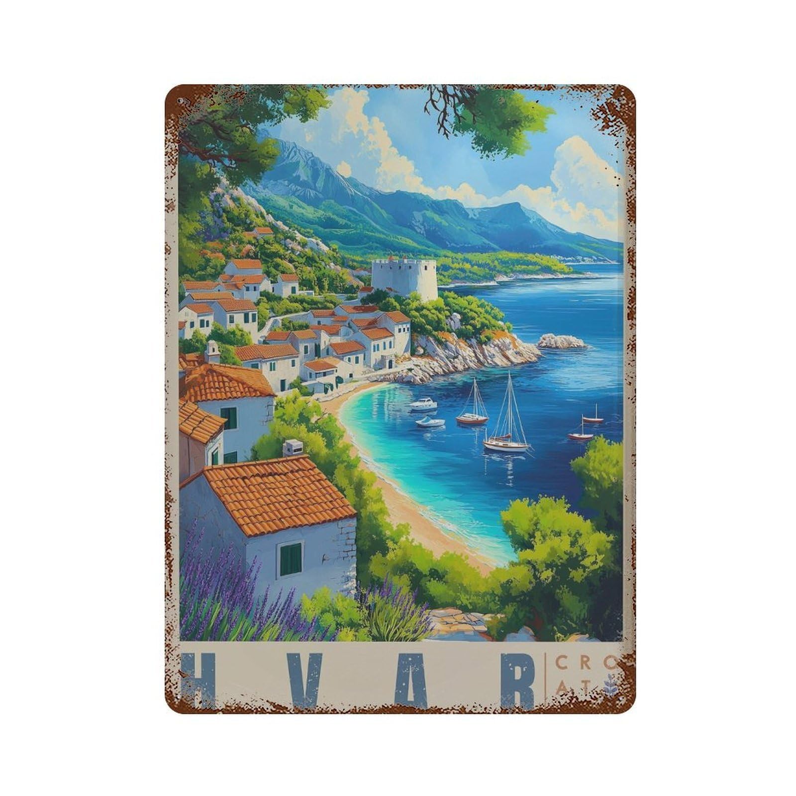 xiaoxiaoshen Hvar Croatia Travel Adriatic Sea Coastal Wall Decor Art Metal Tin Poster Modern Home Decor Art Home Bar Shop Decorations Vintage Sign 40x30cm