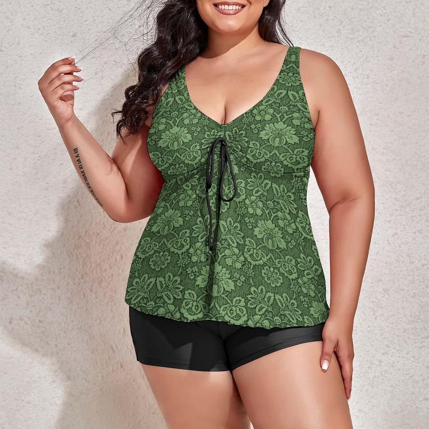 Womens Plus Size Tankini Swimsuit Vintage Damask Green Two Piece Swim Dress Bathing Suit with Shorts Tummy Control Swimwear Luxury Style
