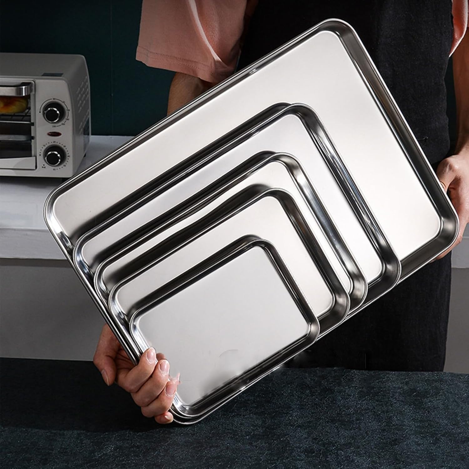 Set di 2 teglie da forno antiaderenti resistenti – vassoi rettangolari per biscotti per forno tostapane, resistenti alle deformazioni, 31,5 x 50 x 2,5 cm, perfetti per cuocere e arrostire