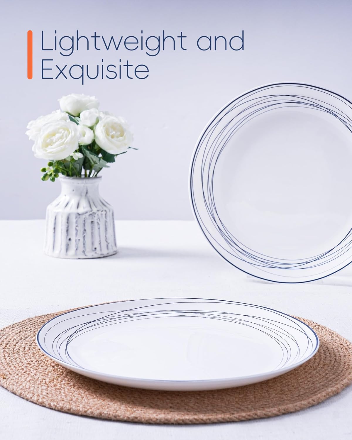 LaGlint 10.5 inch Dinner Plate Set of 6, Lightweight Round Opal Glass Dinnerware Plates, Dishwasher and Microwave Safe, Blue Modern Geometric Design