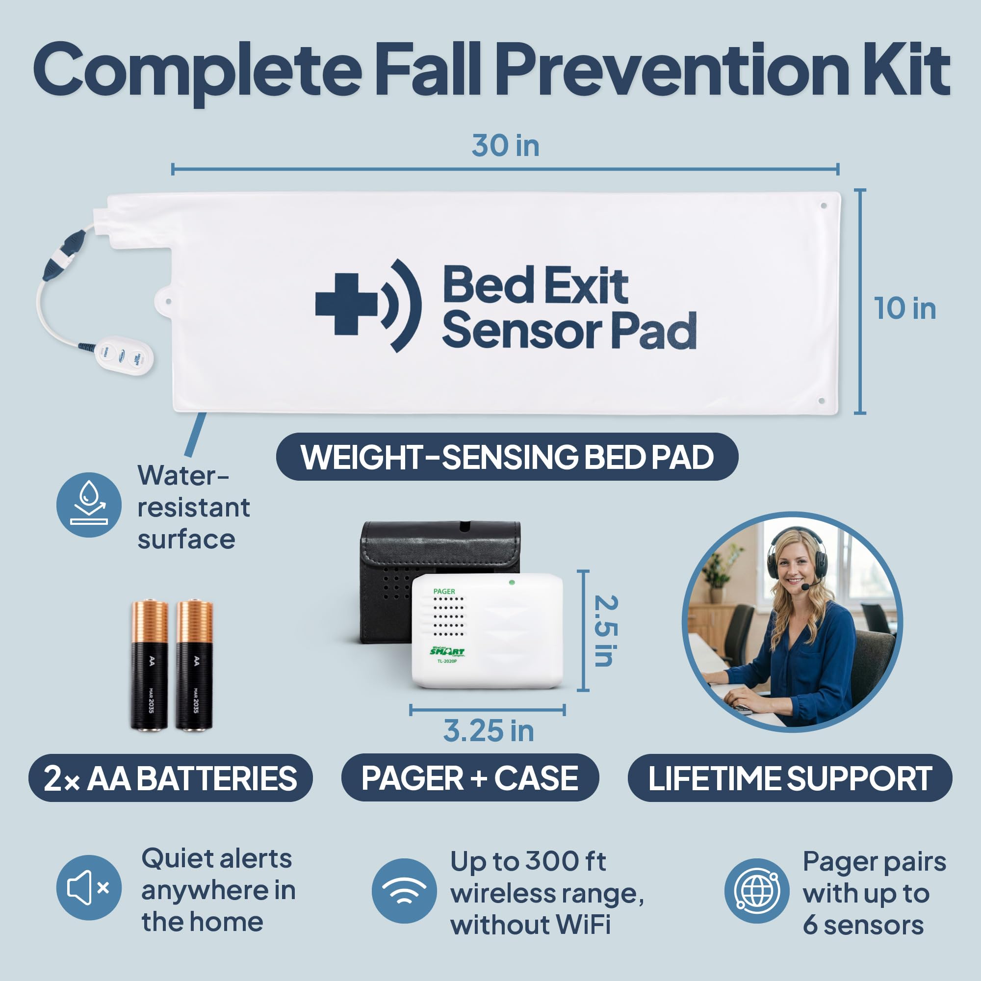 Smart Caregiver - Sistema de alarma inalámbrico para cama con sensor de peso y buscapersonas para prevención de caídas | Almohadilla de alarma de 10 x 30 pulgadas para alertas de cama, cuidador médico