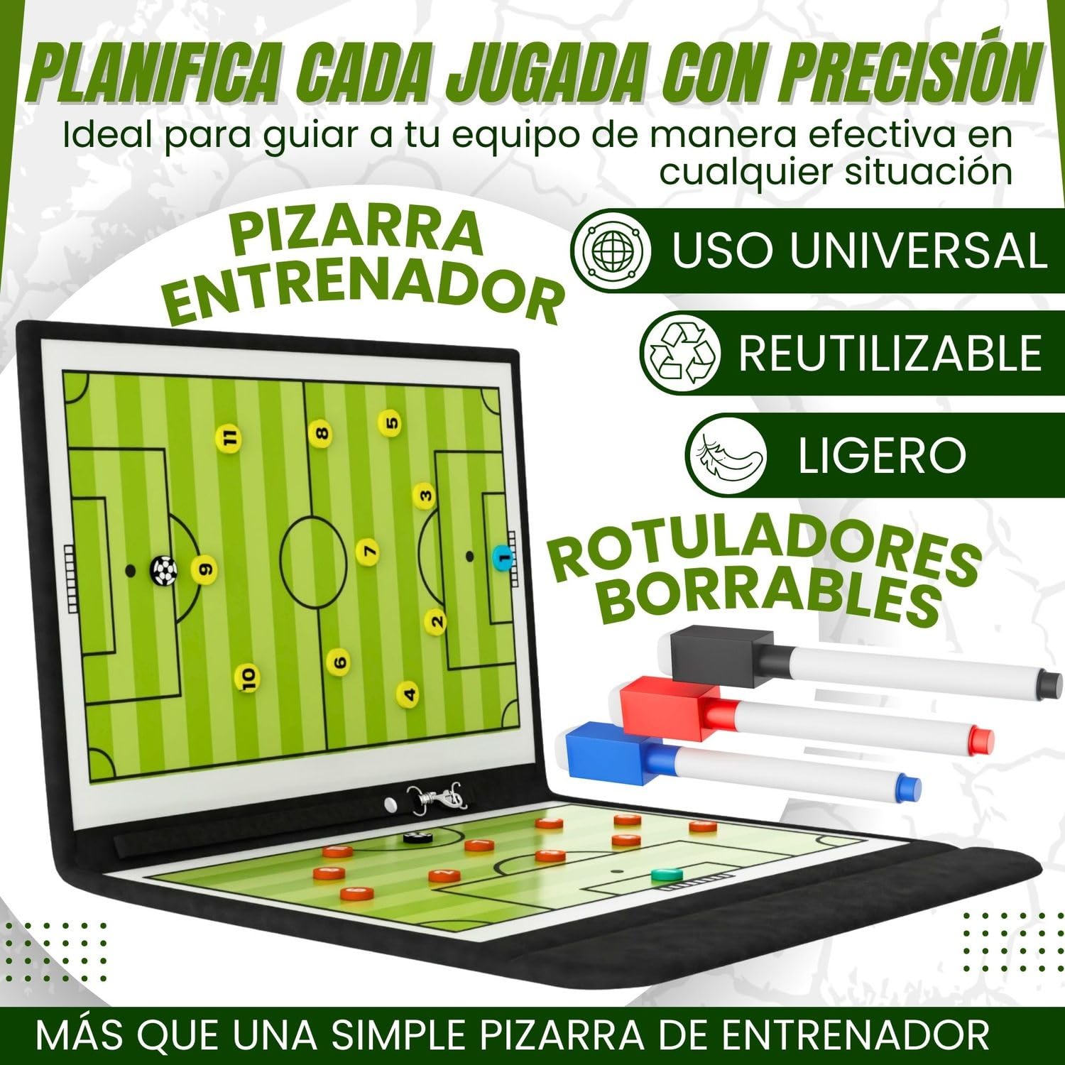 Pizarra Fútbol Entrenador 44 Fichas 3 Rotuladores Negro Azul Rojo Carpeta Entrenamiento