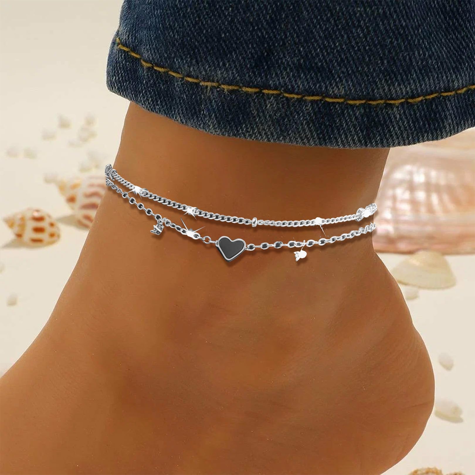 Cavigliera da donna, in acciaio inox e argento, impermeabile, da donna, con brillantini, idea regalo, da spiaggia, da surfista