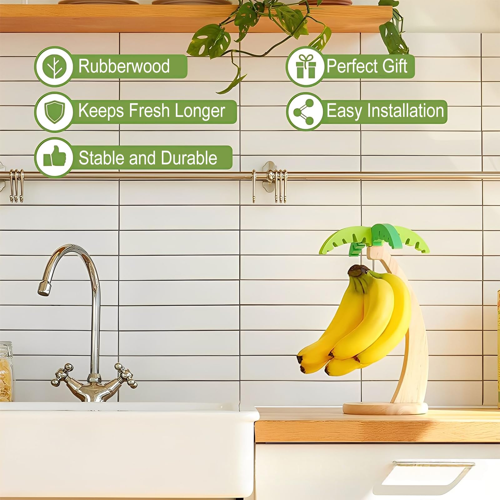 Bananenhalter, 1 Stücke Holz Bananenständer mit Standfuß Bananenhaken Bananenhalter für die Küche zum Aufhängen von Bananen, Weintrauben, Tomaten und anderem Obst stabiler Obstständer