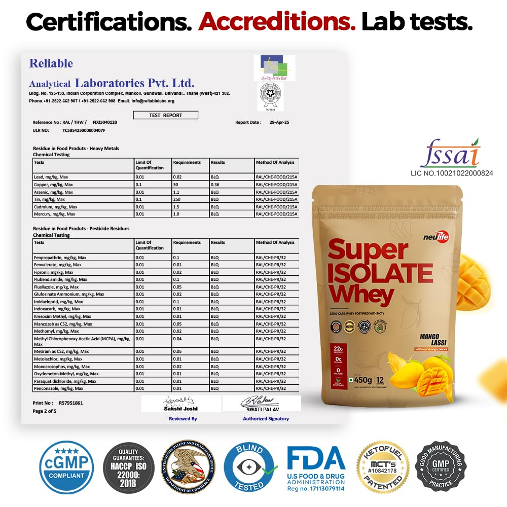 Neulife Super Isolate Whey Protein 450 g | Max Absorption Protein Shake with Patented Ketofuel MCTs | Mango Lassi with Real Fruit — Amazon image 3