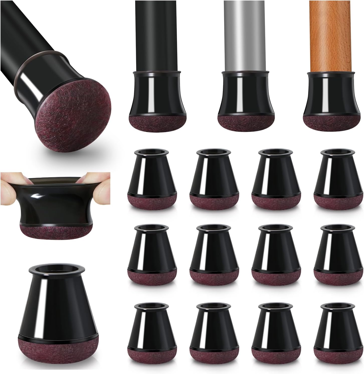 Adsamm® / 16 x Embouts insert à ailettes avec feutre / noir / 11x11 - 13x13 mm / carré / patin