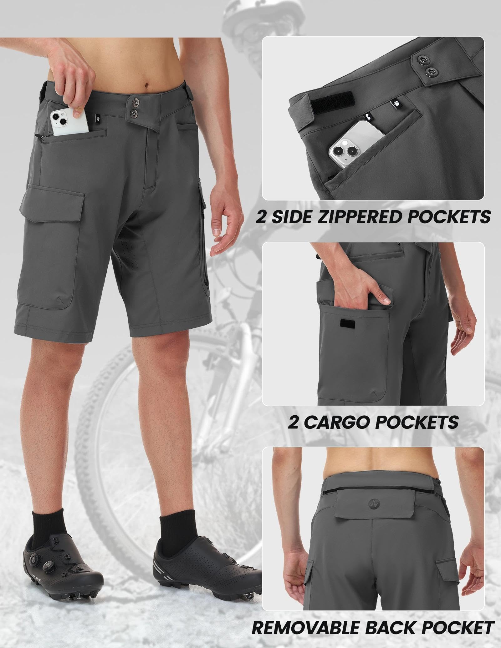 Nepest MTB Hose Herren Kurz 4D Gepolstert, 2-in-1 Abnehmbare Radhose | Fahrradhose Herren Gepolstert, Leicht, Wasserabweisend, 6 Taschen, Atmungsaktiv, Mountainbike Shorts, Radfahren, Trail
