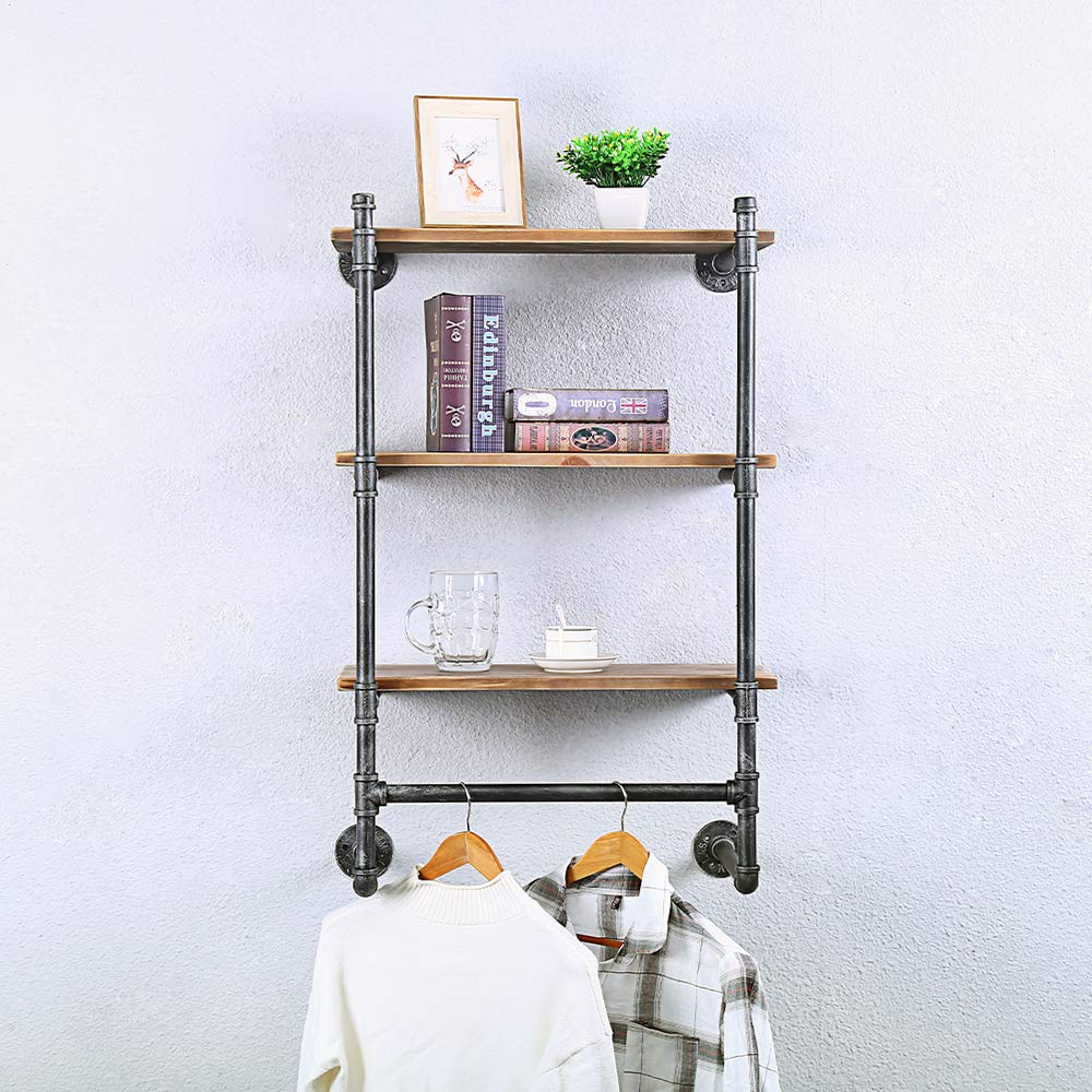 Buy Industrial Pipe Clothing Rack Wall ed with Real Wood Shelf,Pipe