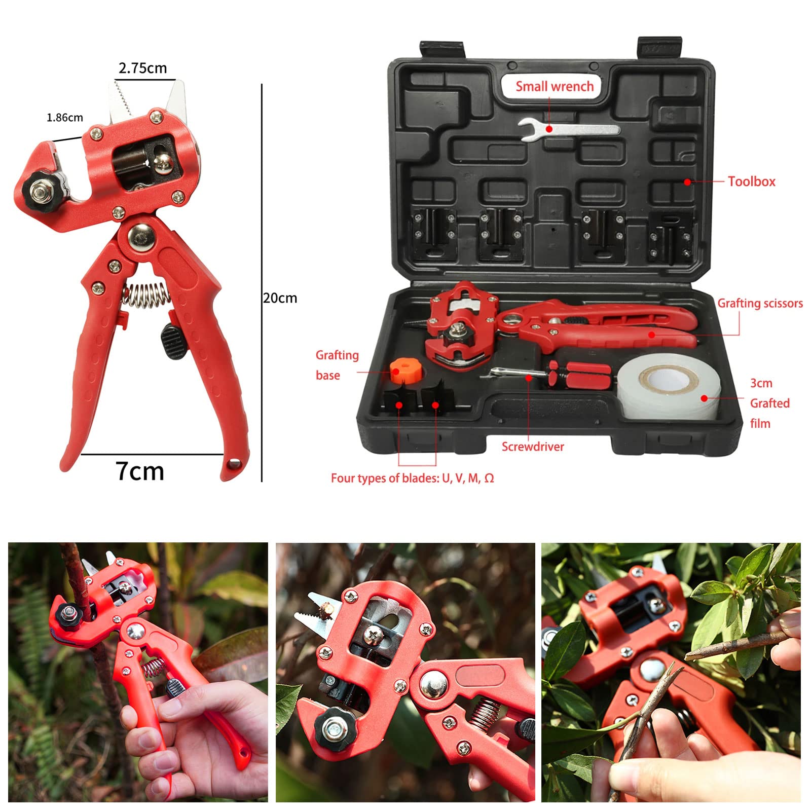 Pince à Greffer Professionnelle D'arbres Fruitiers, Parfaits pour L'élagage et Le Greffage D'arbres Fruitiers et Plantes, avec 8 Lames de Greffe Remplaçables et Rouleau de Ruban et Accessoires,Rouge