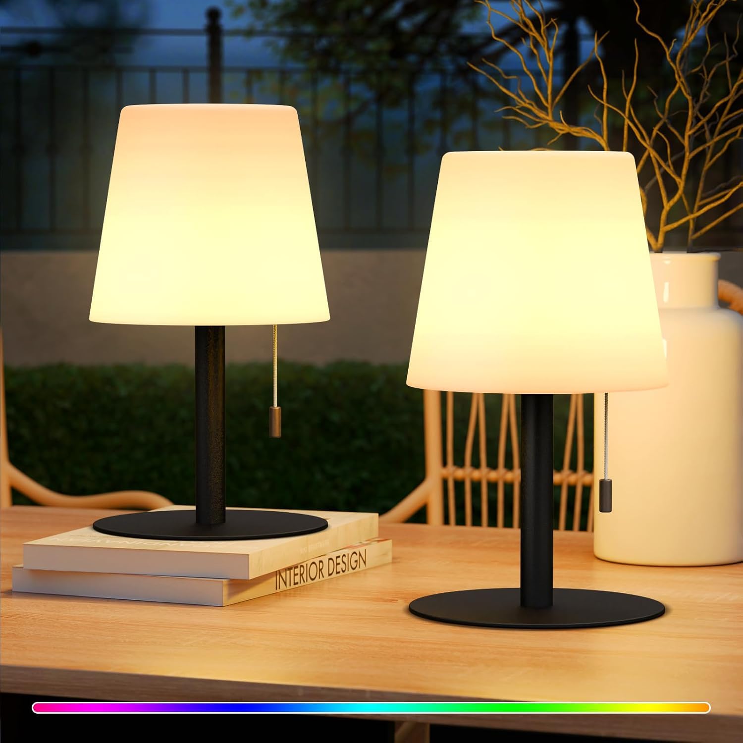 FUYO Waterproof Rechargeable Table Lamp, 2 Pack Cordless Bedside Lamp with Pull Chain, Dimmable & RGB Colors Changing, Portable Night Light for Shower, Bathroom, Patio, Camping H9.8in (Black)