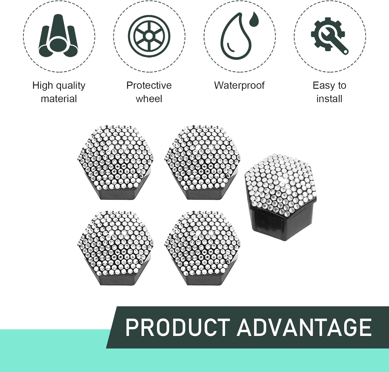 20 PCS Bling Crystal Wheel Lug Nut Cover, 19mm Hexagonal Nut Covers with Removal Tool, Diamond-Studded Wheel Hub Bolt Caps, Universal Exterior Accessories for Most Cars (White)