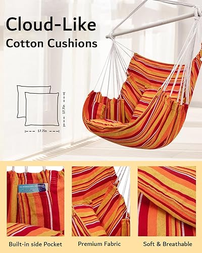 Miniatura 4 de Silla hamaca colgante grande para interiores con barra de extensión de acero antideslizante y bolsillo, máximo 500 libras, 2 cojines, perfecta para