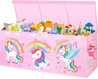 Mabahoo Extra Large Pink Toy Chest: Collapsible 40x14x16 Toy Storage Organizer with Lids & Dividers for Kids Playroom Nursery