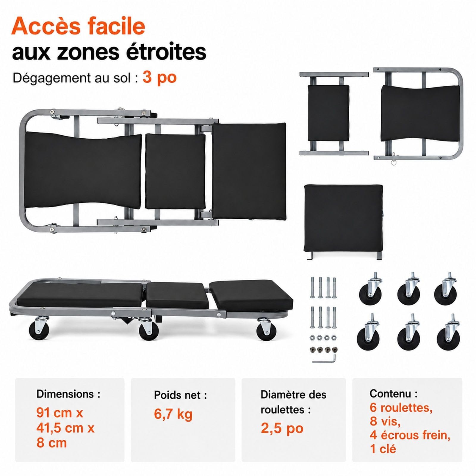 Chariot de Visite mécanicien 2 en 1 et Tabouret d'atelier Pliable avec 6 Roues pour Garage et réparation Automobile