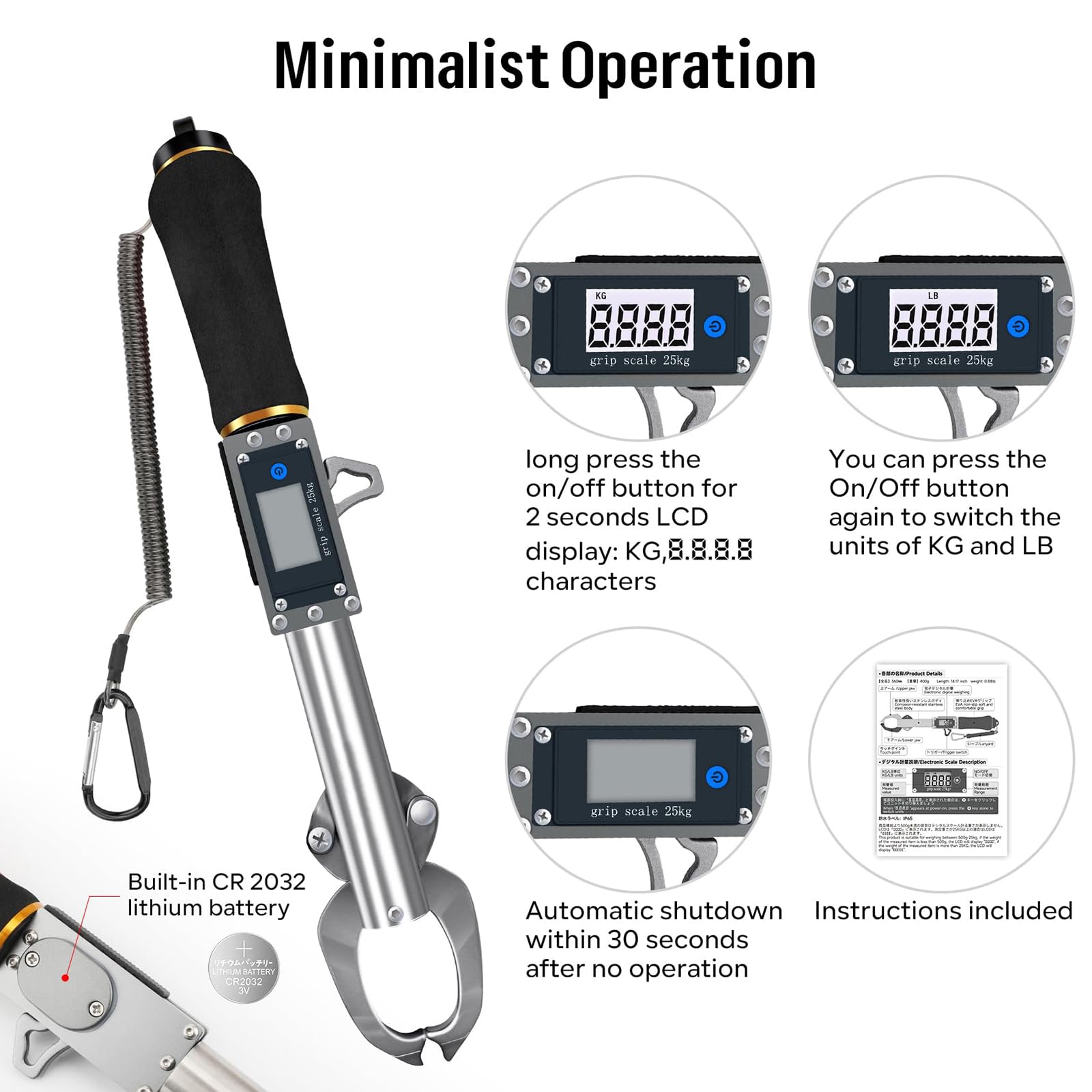 Báscula Digital para Peces, agarrador de Labios para Peces Profesional de Acero Inoxidable, alicates de Pesca multifuncionales Báscula de Peso de 25 kg / 55 LB,Negro