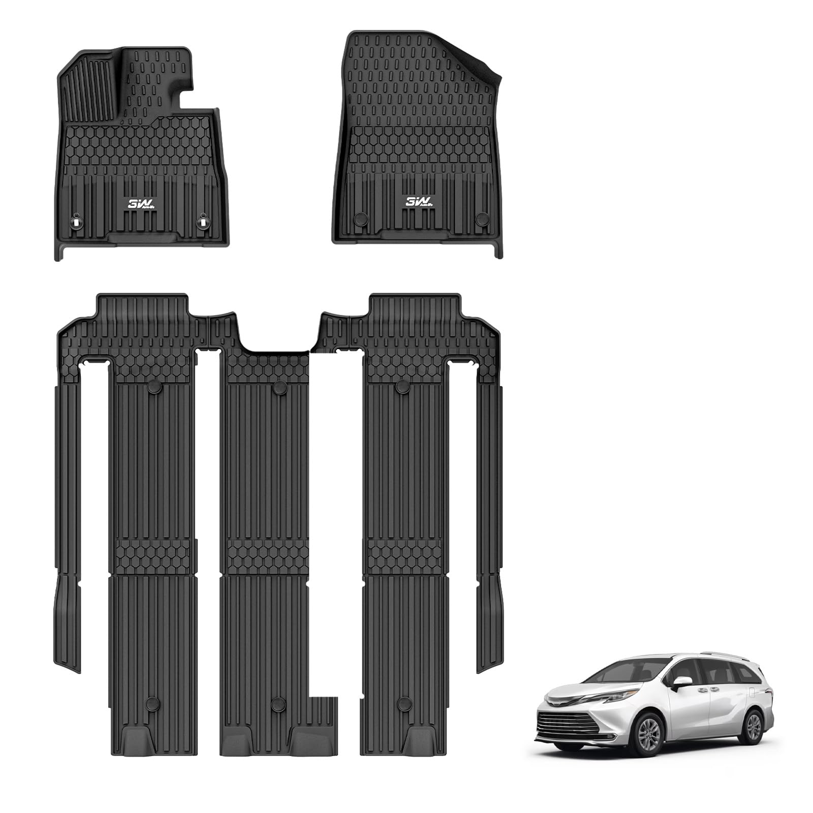 3W Floor Mats Fit Toyota Sienna 2021-2025 (Only for 7 Seat & Not Fit 2025 Platinum Edition), TPE All Weather Custom Fit Floor Liner for Toyota Sienna 1st, 2nd and 3rd Row, Black