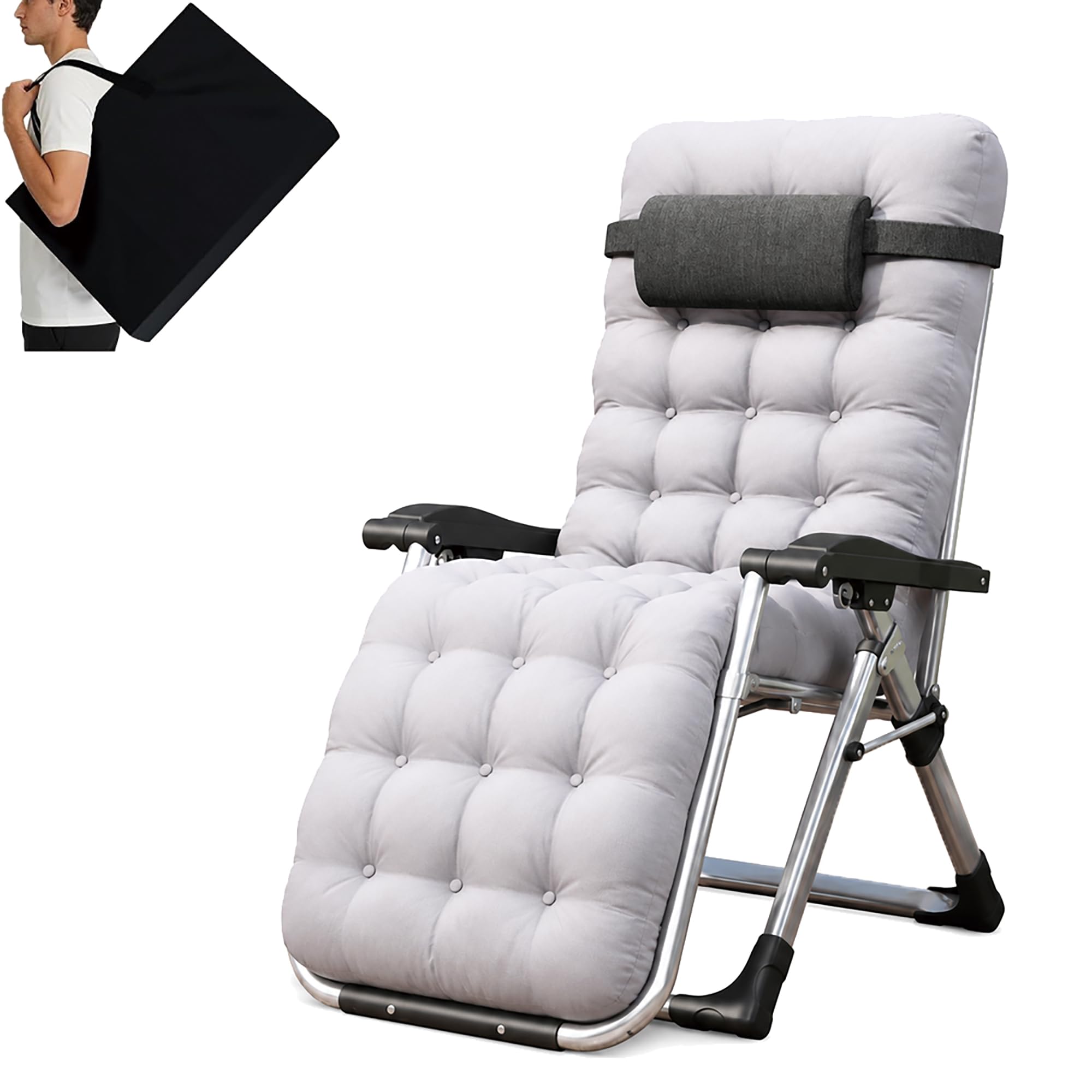 LSBIKE Zero Gravity Reclining Sun Lounger Chair with 10cm Thick Removable Cushion & Cup Holder & Bag Foldable Recliner Garden Chair for Camping, Patio, Beach 200kg Capacity, No Assembly Needed (Grey)