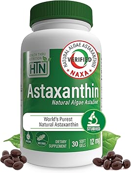 Health Thru Nutrition Astaxanthin Triple Strength 12mg Supplement 30 Softgels | AstaZine from Algae Organically Grown in Pristine Himalayan Water | Skin and Vision Support