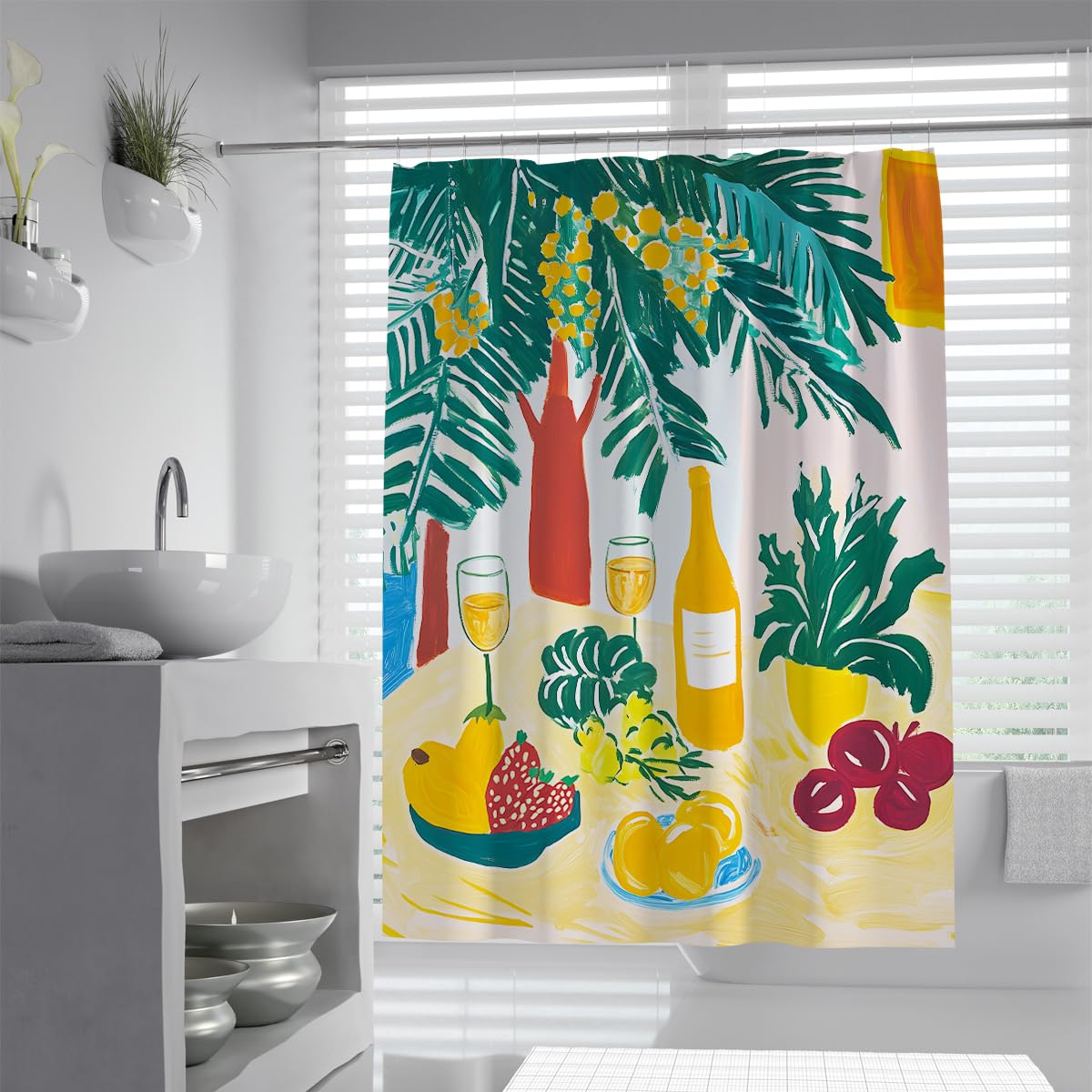 OLLIAR Home Bright Yellow Bathroom Shower Curtain Modern Abstract Lemon Palm Leaf Artwork Decor Washable Fabric Shower Curtains for Bathroom Decor 150x180cm