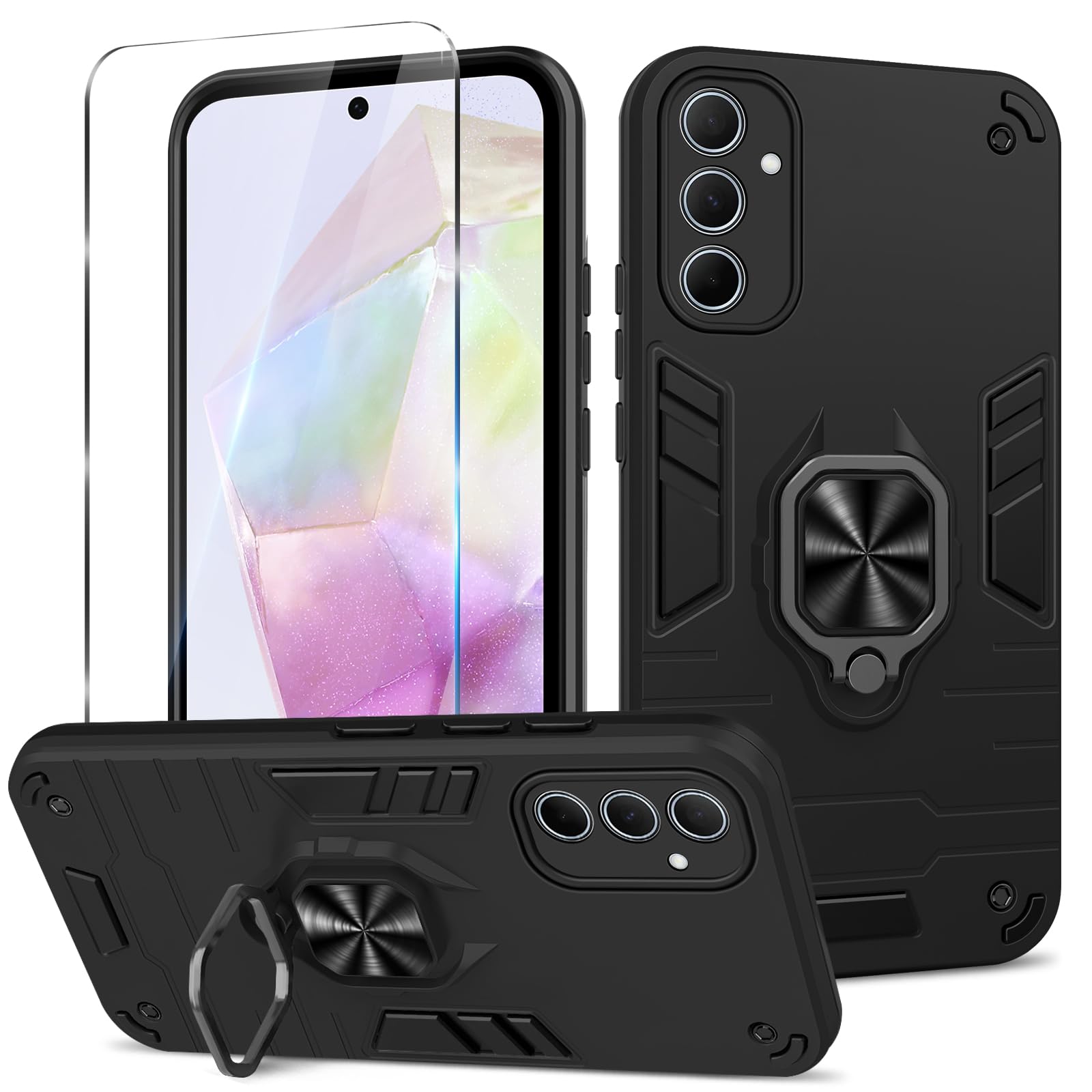 Funda para Samsung Galaxy A13 4G con Cristal Templado Protector Pantalla, Carcasa Antigolpes con Soporte anular metálico, Case Protectora de Grado Militar, Negro — view 194