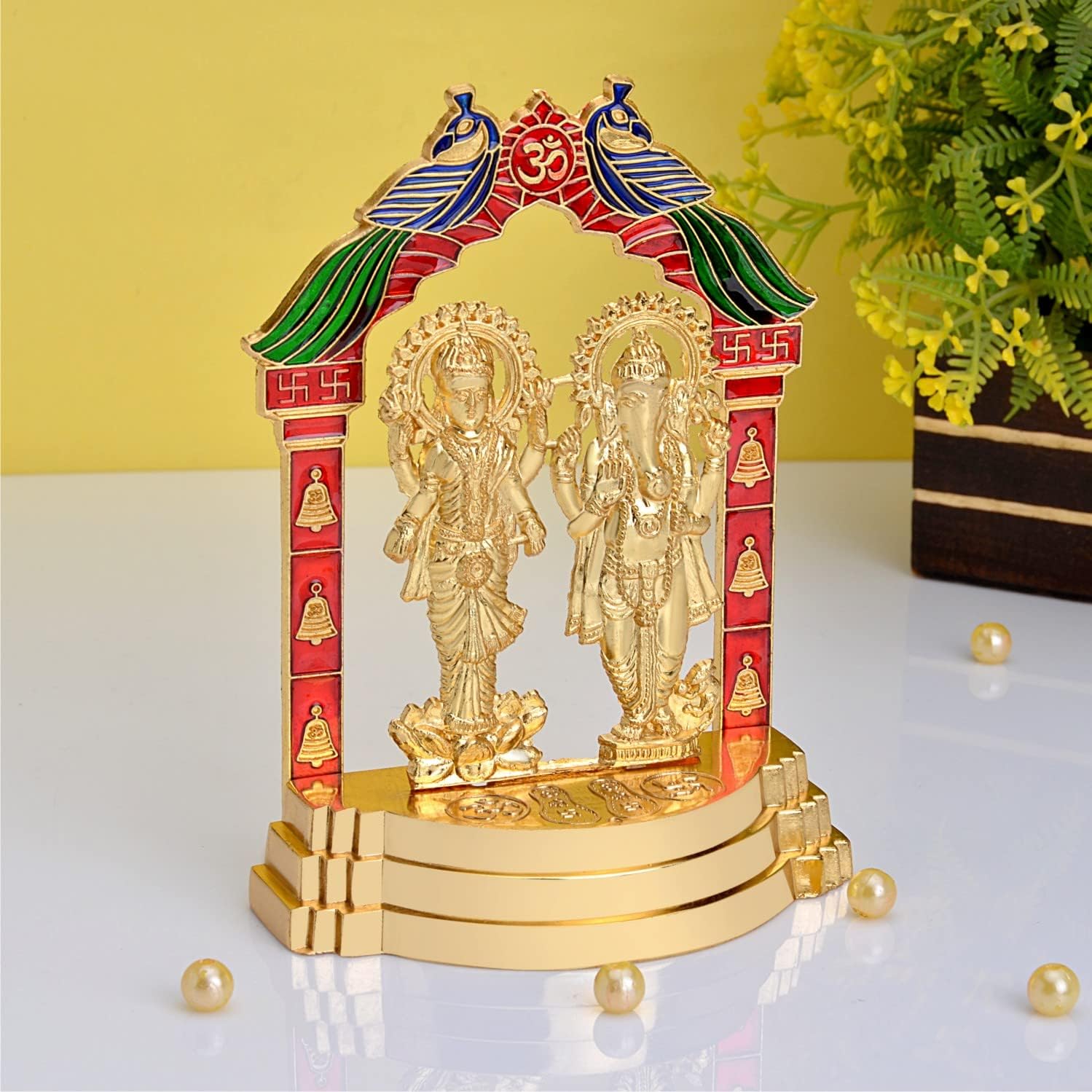 AJ Creations Laxmi Ganesh Murti Lakshmi Ganesh Idol Mandir Statue Figurine ShowPiece for Home Decor Diwali Pooja Gift Colour Golden (15x9 cm), Metal