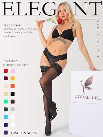 DORALLURE Thigh High Stockings Silicone Lace Top Stay Up Silky Semi Sheer Pantyhose for Women Hold Up Nylon