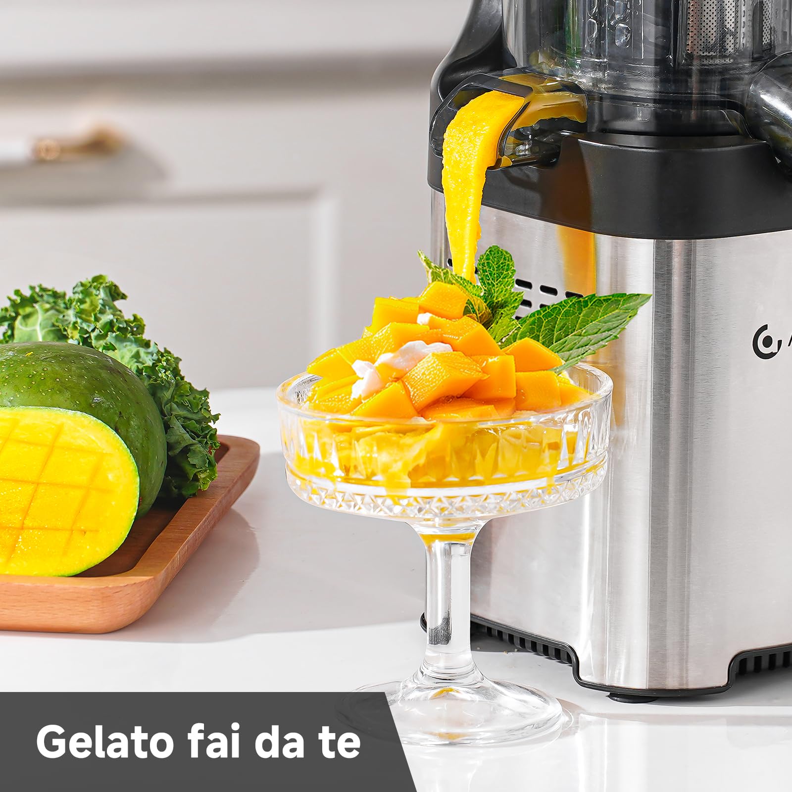 AMZCHEF 120MM Estrattore frutta e verdura - 2L estrattore a freddo Facile da Pulire - Senza Preparazione Estrattore di Frutta e Verdura Intera - Argento[Classe di efficienza energetica A+++]