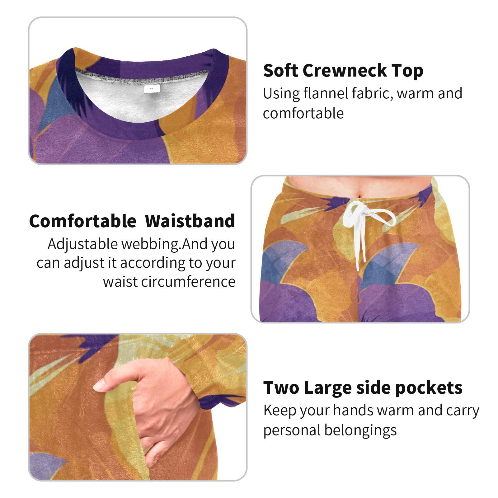 Set pigiama da donna in pile a due pezzi con fiori viola e arancione astratto, a maniche lunghe, con top e pantaloni