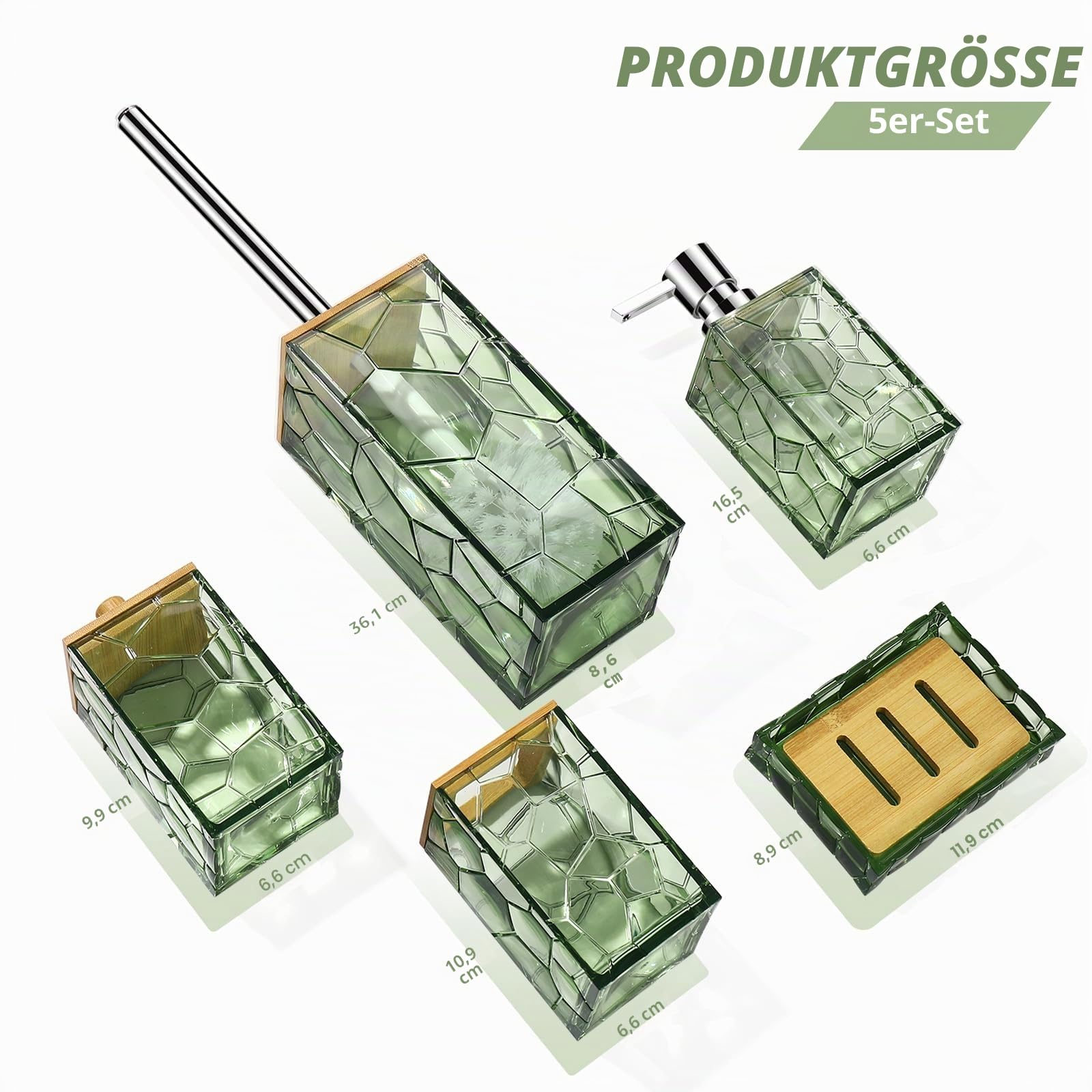 GAHEFY Salbeigrün Badezimmer-Zubehör-Set, Zahnbürstenhalter, Seifenspender, Wattestäbchen-Halter, Seifenschale, WC-Bürste mit Halter, Boho-Bambus-Badezimmer-Dekor, Acryl (Grün)