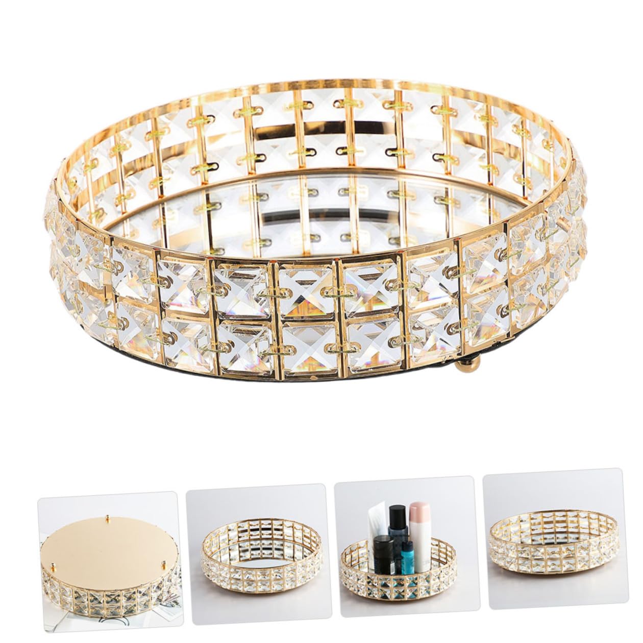 Homoyoyo Bandeja Redonda de Espejo para Joyas, Organizador de Bisutería en Hierro Dorado, 25cm, Adecuado para Tocador y Decoración del Hogar