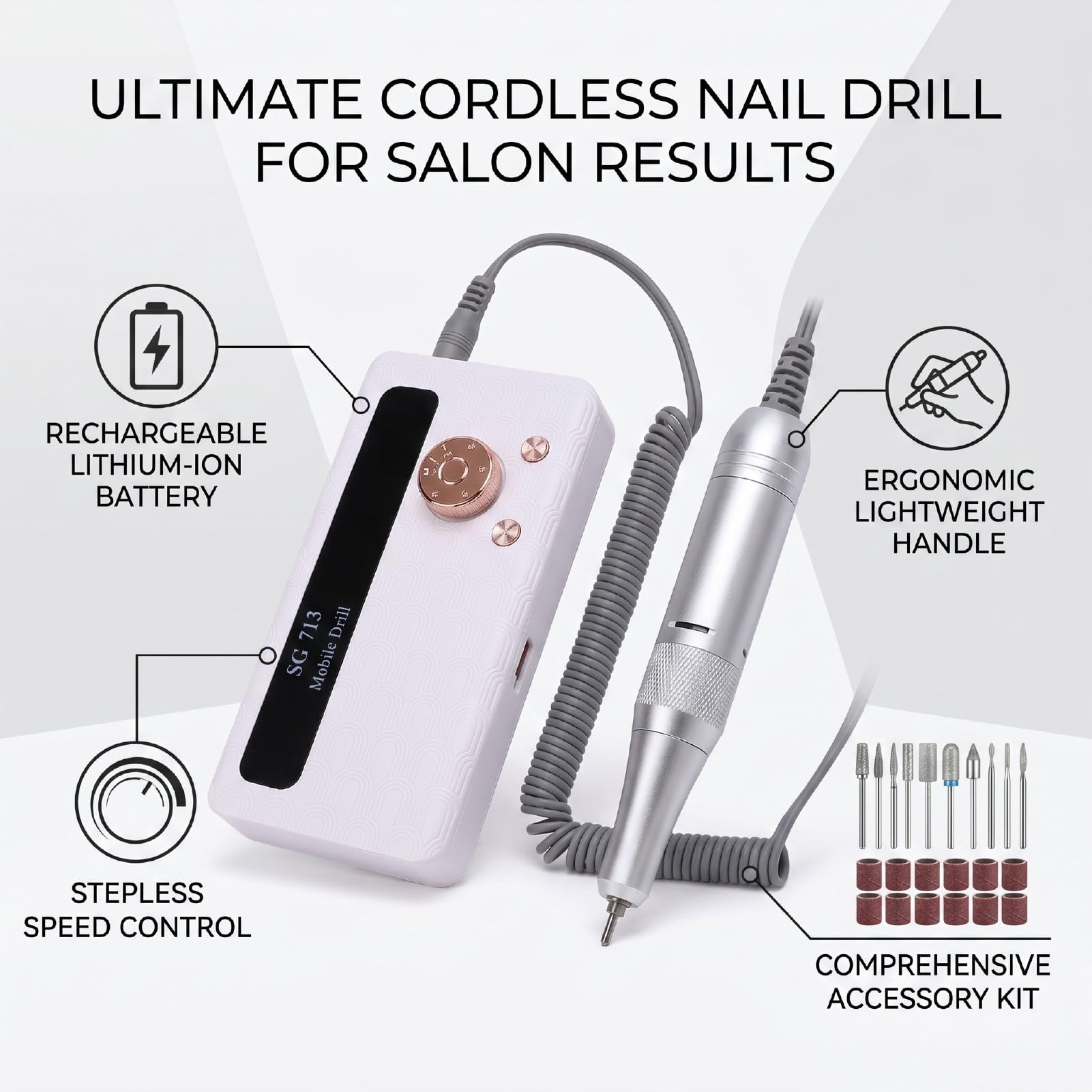 Generic Lima de Uñas Eléctrica Portátil con Kit Completo de Accesorios para Eliminación de Gel Acrílico en Casa o de Viaje con Diseño Ergonómico (DMJTZ-SG713-Blanca)