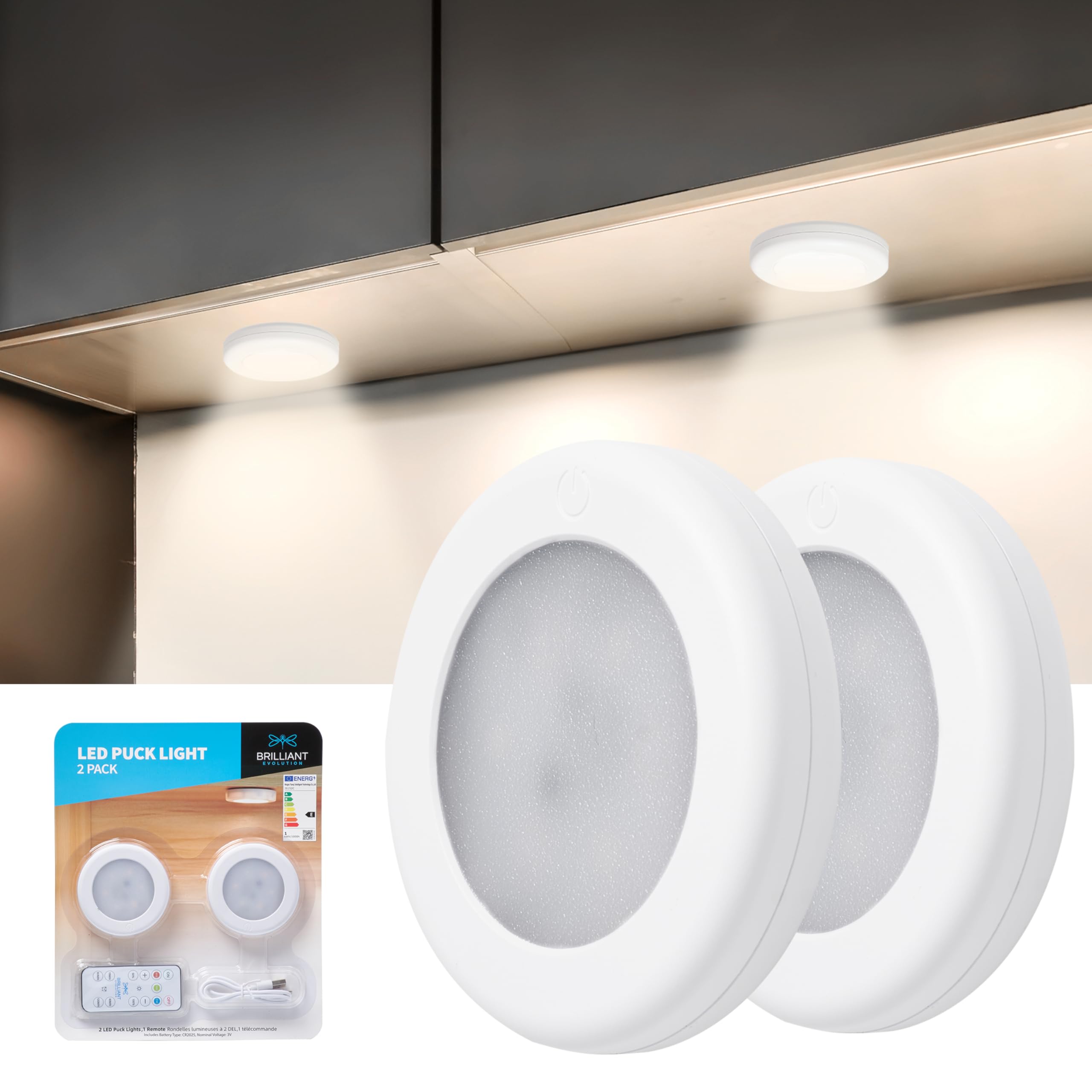 Brilliant Evolution Rechargeable Puck Lights - Dimmable LED Push Lights with Remote - Furniture Safe Adhesive Included - 3000K Warm White/6000K Cool White - 10.7 inch - Battery Powered - 2 Pack