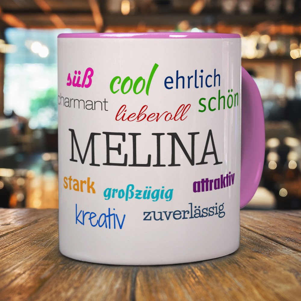 Personalisiert: Tasse Mit Namen Melina - Positive Eigenschaften - 325ml, Hellblau, Spülmaschinenfest