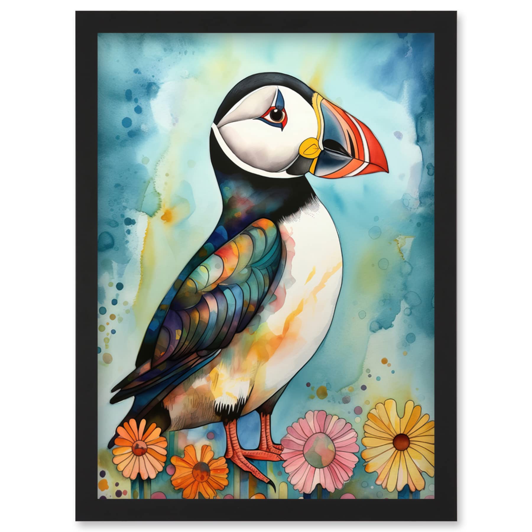 Artery8 Puffin Bird With Flowers Folk Art Artwork Framed Wall Art Print A4