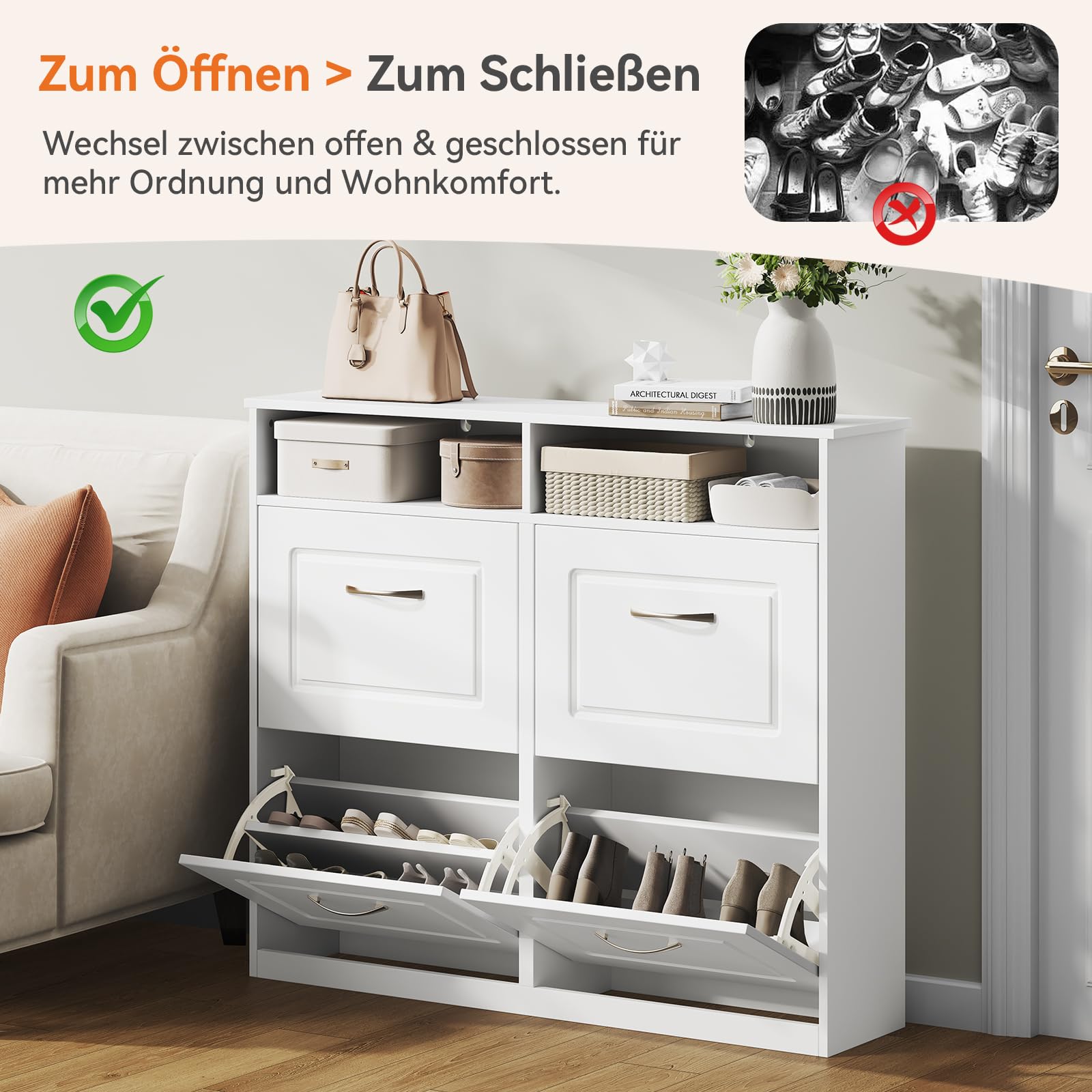 Sweetcrispy Schuhschrank mit 4 Klappen, schmaler Schuhkipper mit offenen Ablagefächern, verstellbare Trennwände, platzsparend für Flur/Diele/Eingang, 104 x 90 x 24 cm, Weiß