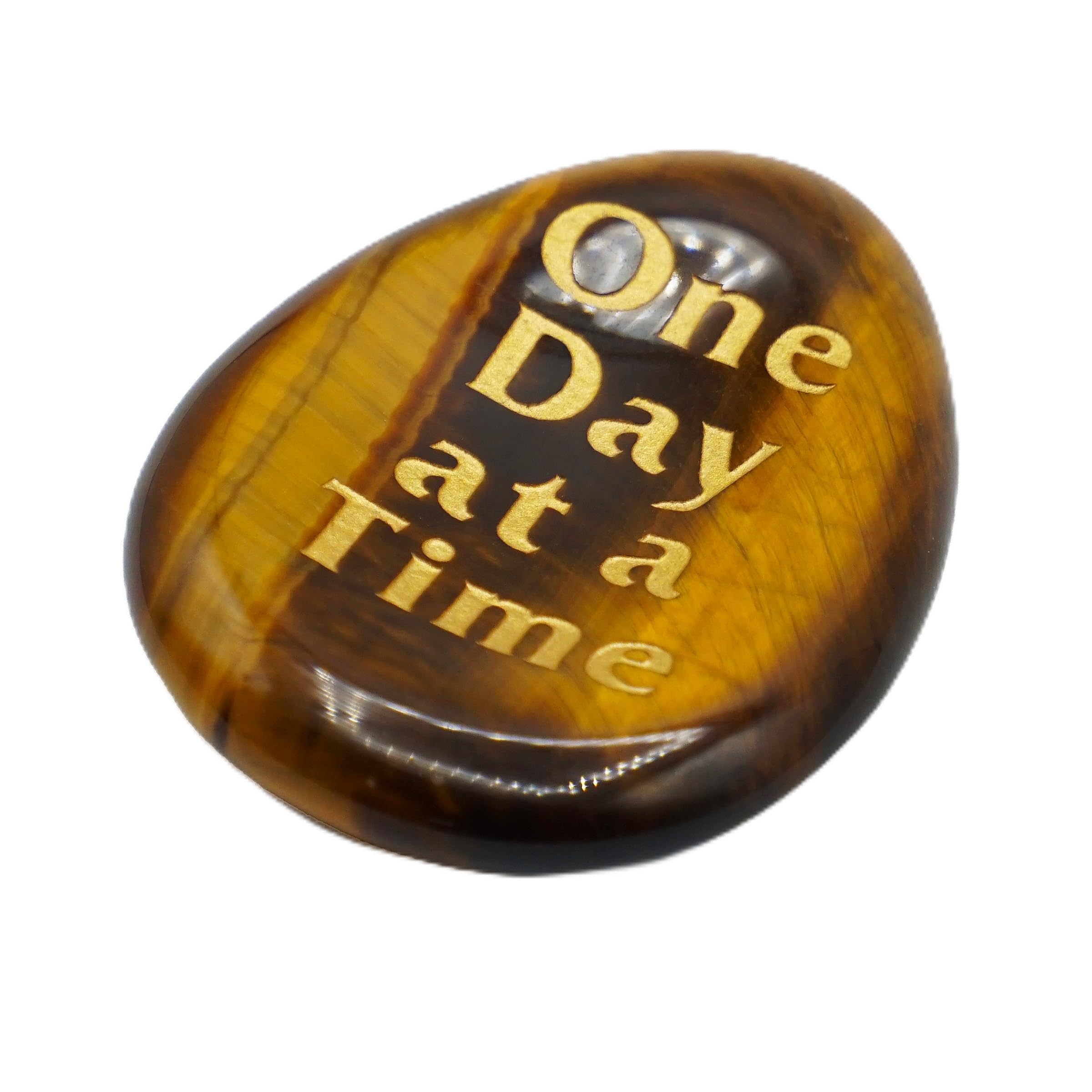 One Day at a Time Tigers Eye Agate Healing Crystal Worry Stone Anxiety Relief Stress Relaxation AA NA Addiction Recovery Affirmation You Got This Inspirational Sobriety Gifts for Women Men Friends