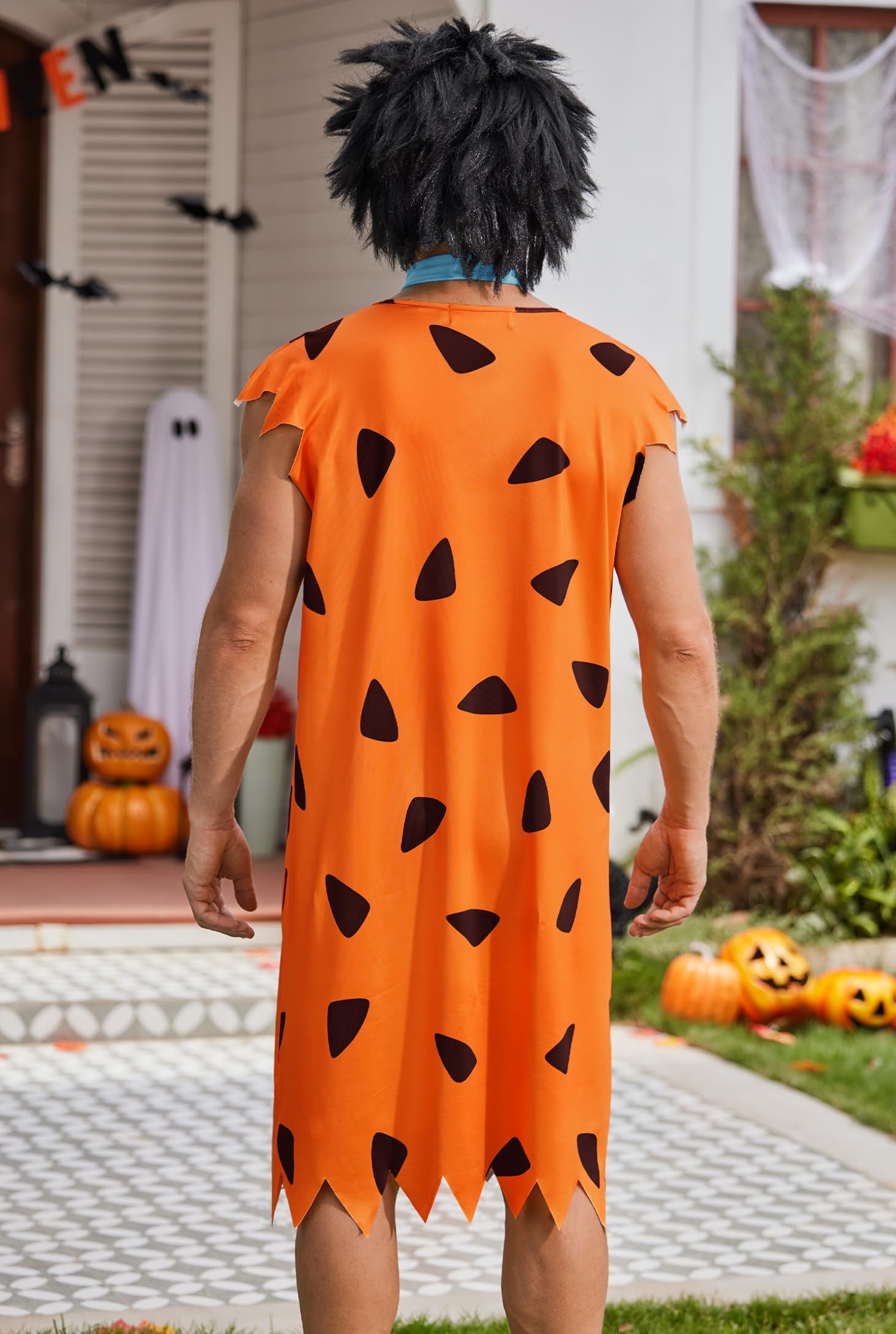 Mainfini Fred Funny Costume Caveman All Hallows Eve Masquerade Theme Party Orange Tunic Tie Wig Inflatable Club Cartoon Characters Classic Cosplay suit XL - Image 4