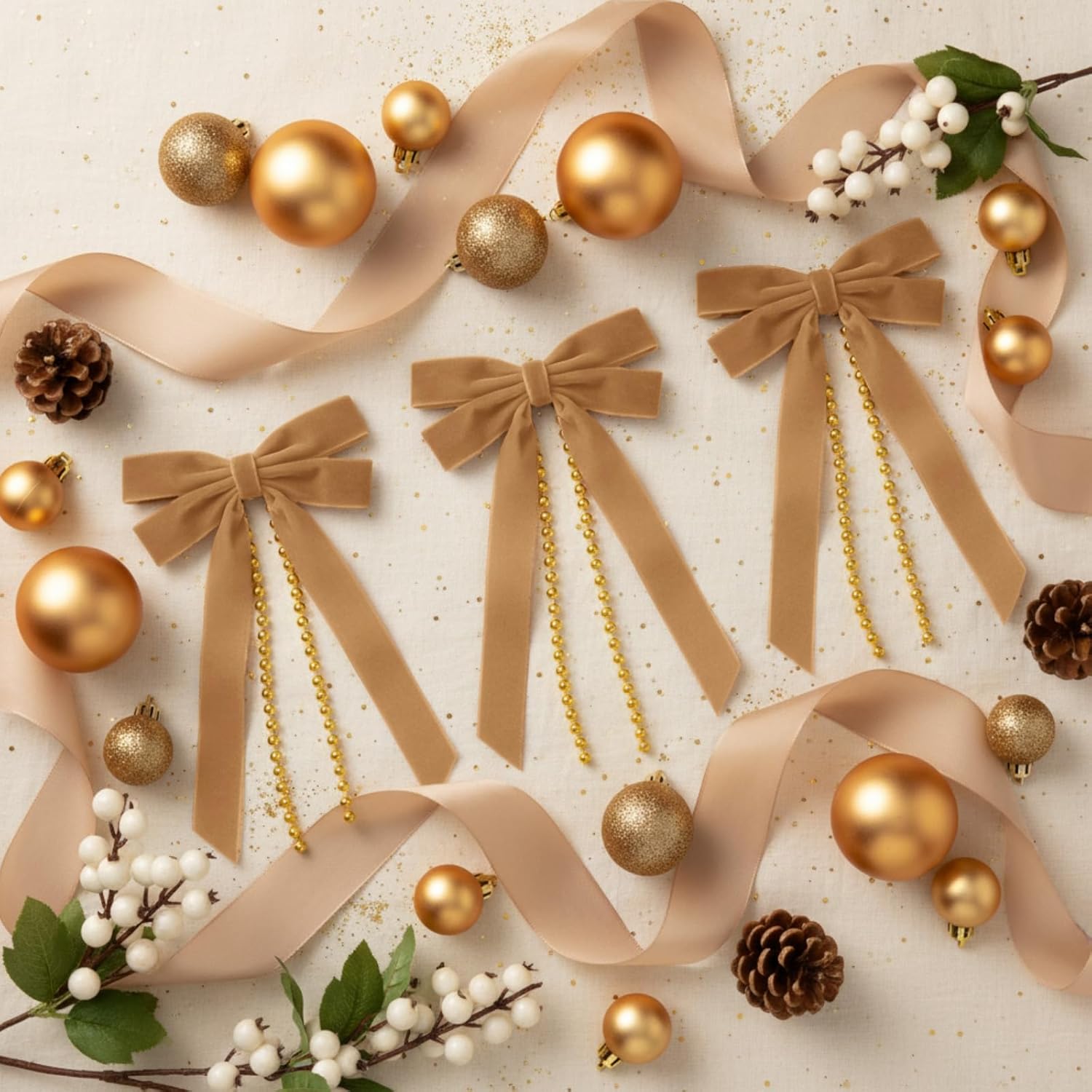 24 Pcs Velvet Ribbon Bows for Christmas Tree, Rustic Ribbon Ornaments Vintage Crafts Wreath Bows for Xmas Door Garland Gift Wrapping Decorations(Gold)
