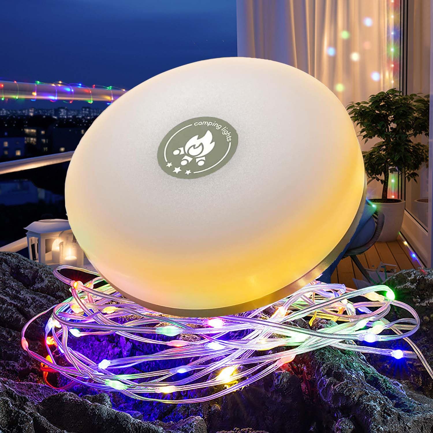 LUCKFEN Camping Lichterkette Aufrollbar,4-in-1Tragbar Wiederaufladbare Mit 8 Beleuchtungsmodi Camping Licht, wasserdichte Campinglampe, Camping, Wandern, Dekoration,Hof und äuser,Mehrfarbig (10M)